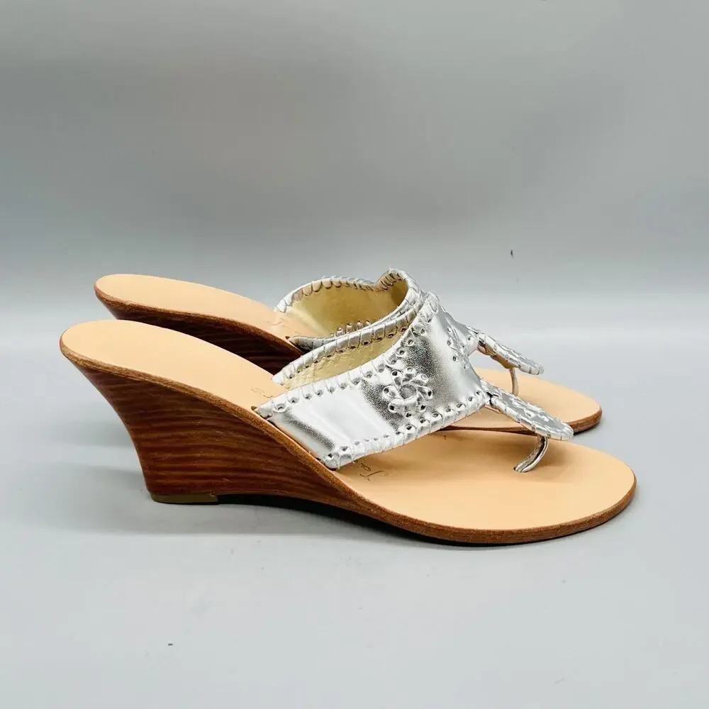 Jack Rogers Sandals Womens 7 Silver Leather Thong Medallion Wedge Heel Shoes